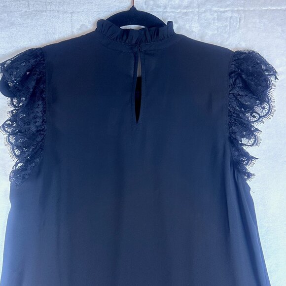 Express Feminine Victorian Ruffle Mock Neck Lace Cap Sleeve Blouse Black S NWT - Picture 9 of 13